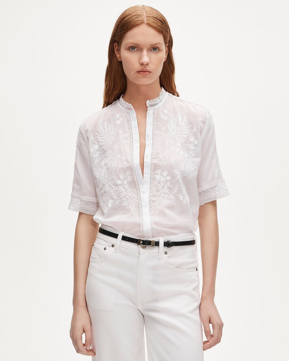 J.Crew Minimalist Embroidered Lace Trim Button Up Shirt White 2
